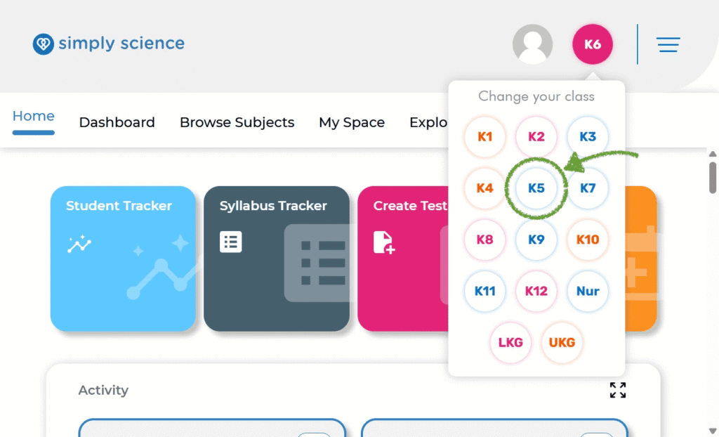 Learn how to switch between K classes on Simply Science LMS. Click on the desired K Class