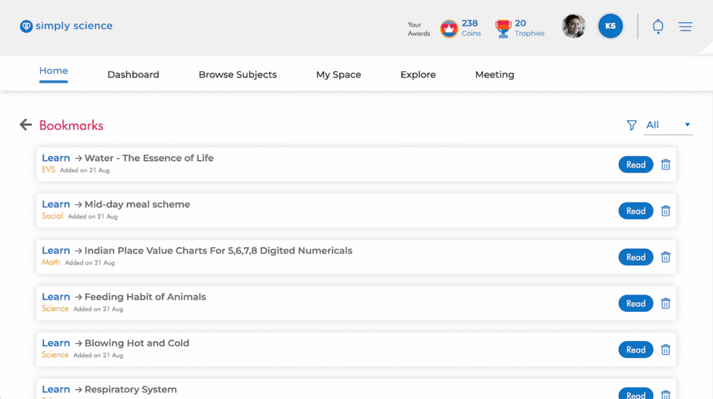 How to bookmark pages in Simply Science LMS in your teacher portal. Viewing your bookmarks list.